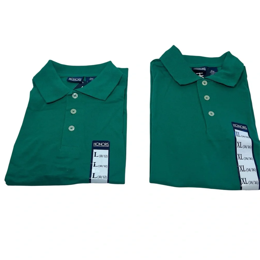 Two Children’s Kelly Green Polo Shirts with 3-Button Closure. Large & XLarge New